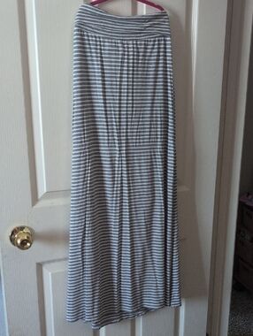 Striped Gray and White Maxi Skirt with Foldover Waistband